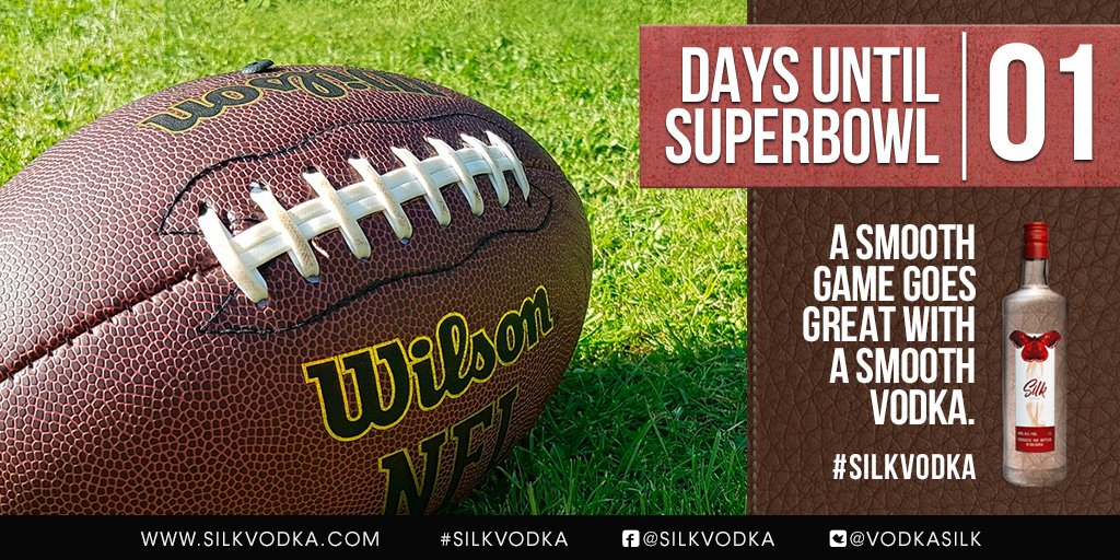 VodkaSilk's tweet photo. Countdown: 1 day 'til the Superbowl.  A smooth game goes great with a smooth #vodka. Drink smooth, drink Silk. #silkvodka #SuperBowl #SuperBowl2018 #countdown #smooth #bestvodka #alcohol #vodka #liquor #booze https://t.co/8FcQc4l9ub