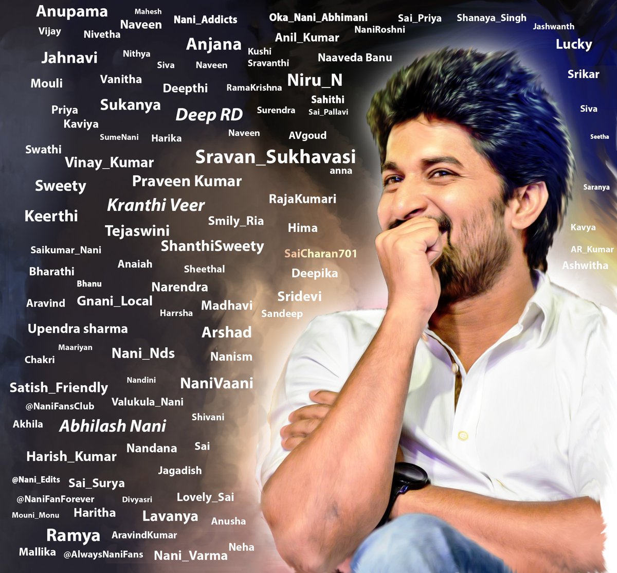 saicharan701's tweet photo. Re-tweet when you see your name 😘😘
Maximum naku thelisina #Nanifans andhari Names Unnayi 😇😇
#NaniFreaks
@NameisNani https://t.co/WA6Sb3yCB0