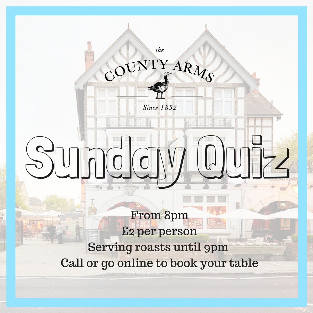TheCountyArms's tweet photo. This is tomorrow evening! So come and grab a table, pint and a roast to join us for a good old pub quiz! #wandsworth #tooting #earlsfeild #battersea #balham #clapham #pub #pubquiz https://t.co/BBjLdYtCfL