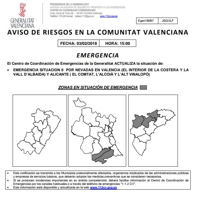 GVA112's tweet photo. El CCE actualitza la situació d'emergència a SITUACIÓ 0 per nevades en #Valencia (#LaCostera i #VallAlbaida) i #Alacant (#ElComptat, #Alcoià i #AltVinalopó). Se difundeix a agències i municipis. https://t.co/0OfSBCRP6e