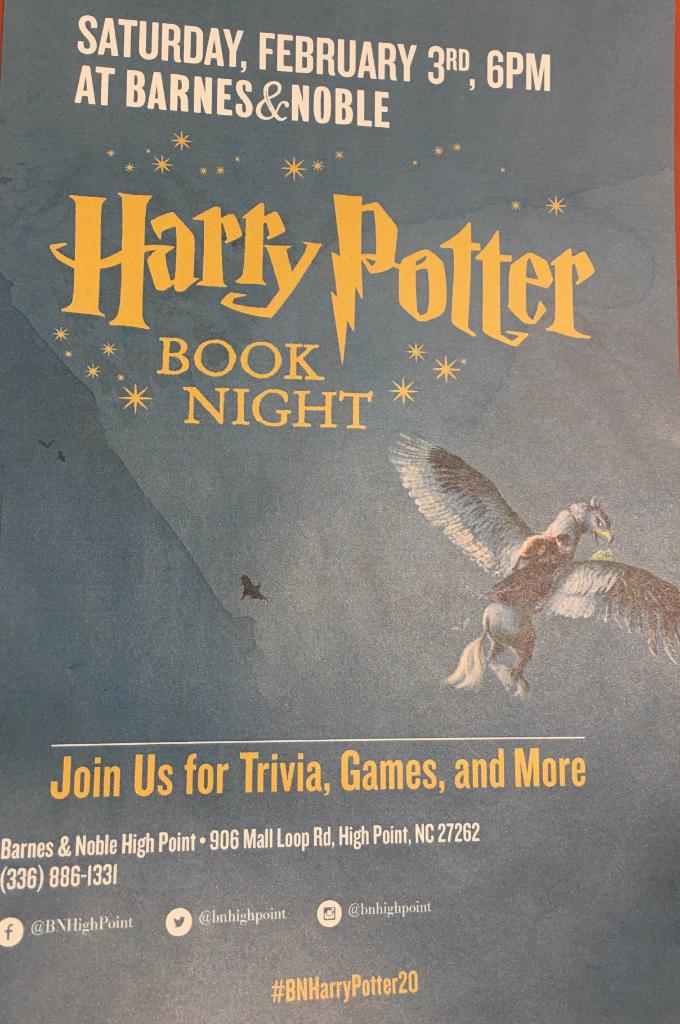 BNHighPoint's tweet photo. Join us tonight for trivia, games, and more, in celebration of Harry Potter Book Night @ 6 pm. 
#hpbarnesandnoble #harrypotter #mugglesunite https://t.co/uR3Wof15GW