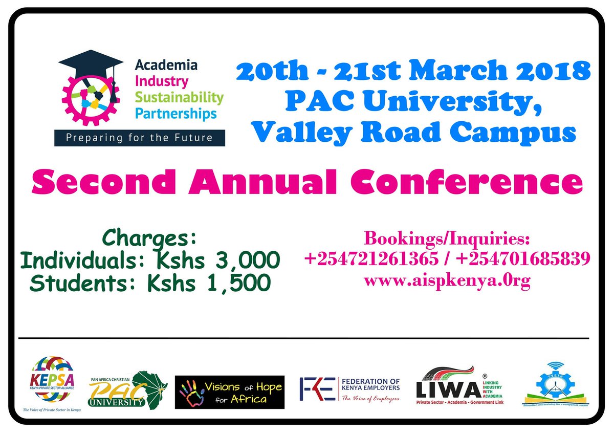 aispkenya2018's tweet photo. We look forward to seeing you on 20th and 21st March at PAC University, Valley Road Campus, as we engage in invaluable discussions about Academia-Industry Sustainability Partnerships. Mark the date! https://t.co/UKwknOO8y8