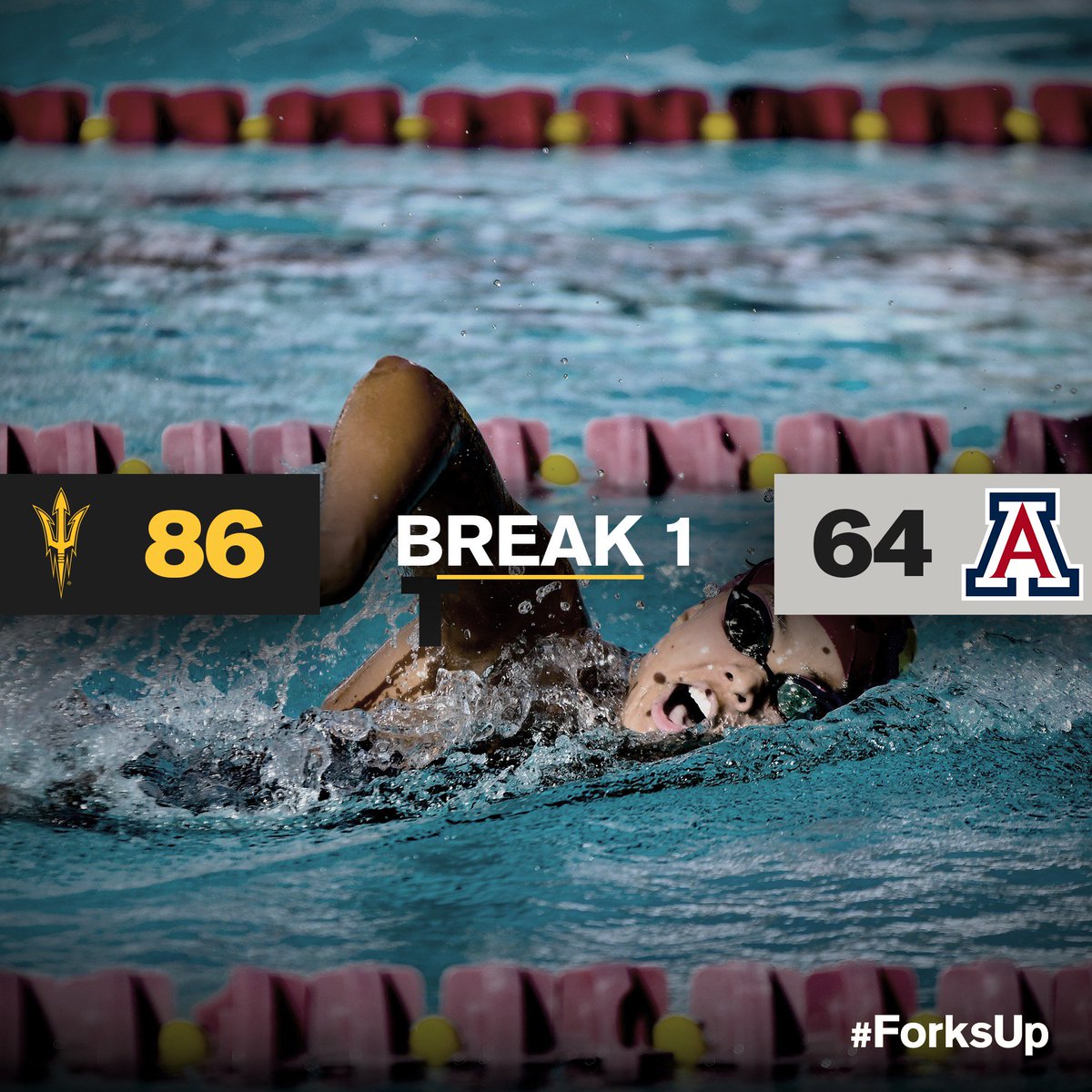 ASUSwimDive's tweet photo. Both men and women have the lead over the Cats through the first break 😈 #NoPity https://t.co/t6Gc7iqRg6