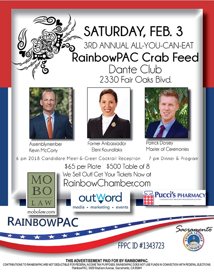 4 Tickets Left! <a href="/SacRainbowPAC/">Rainbow PAC</a> 3rd Annual All-U-Can-Eat Crab Feed! Delicious Dungeness Crab &amp; all fixins! Just $65 Meet the 2018 Candidates! Featuring Frmr Amb Eleni Kounalakis <a href="/EleniForCA/">Eleni Kounalakis</a>; @AsmKevinMcCarty; Sac County DA Anne Marie Schubert ow.ly/KybG30ibrEI
