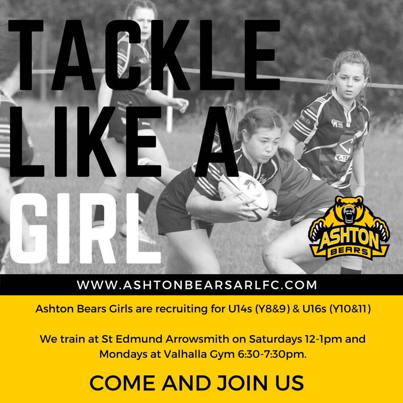 AshtonBears's tweet photo. @wacka73 @angelampowers @WiganWarriorsRL Ashton has girls in most junior teams from age 4 to 11 and Girls Only teams at U14 and U16. 

Spread the word!

Get Invloved 

👍🏻🐻🏉

#GIRLSPLAYRUGBY 
#womensrugby 
#thisgirlcan https://t.co/JzfTXH1Uaz