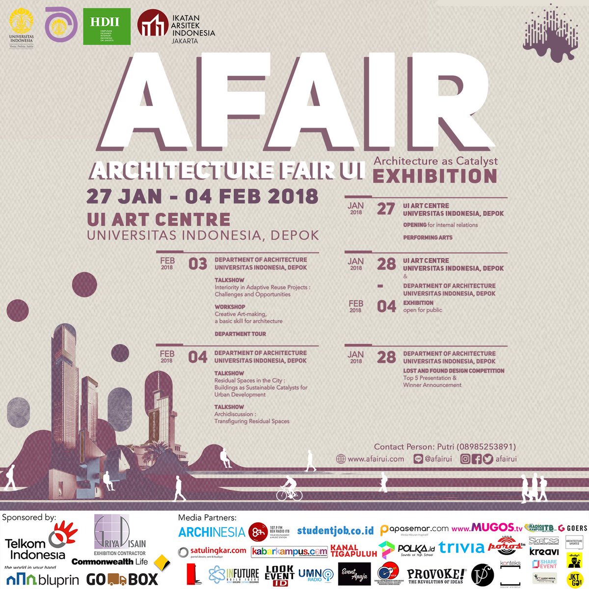 satulingkar's tweet photo. TOMMORROW is THE LAST DAY!
Main Event #AFAIRUI2018 : #ArchitectureasCatalyst
(Jan 27th-Feb 4th 2018 @ Art Center &amp; Dept. of Architecture UI Depok)
Exhibition, Talkshow, 'Lost &amp; Found' Final Presentation, Architectural Workshop for High School Students
Info: @AFAIRUI https://t.co/Gi8Crxf1PG