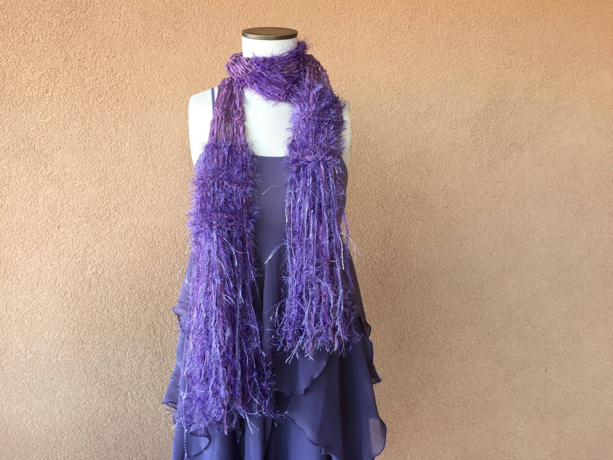 CricketsKnits's tweet photo. The ONE and only new plum, purple and lavender ribbon-y scarf is ready! Has silvery sparkle in ends and fringe. Ultraviolet is the color of the year for 2018, are you ready to rock it? :) https://t.co/U1ukX5oM1v