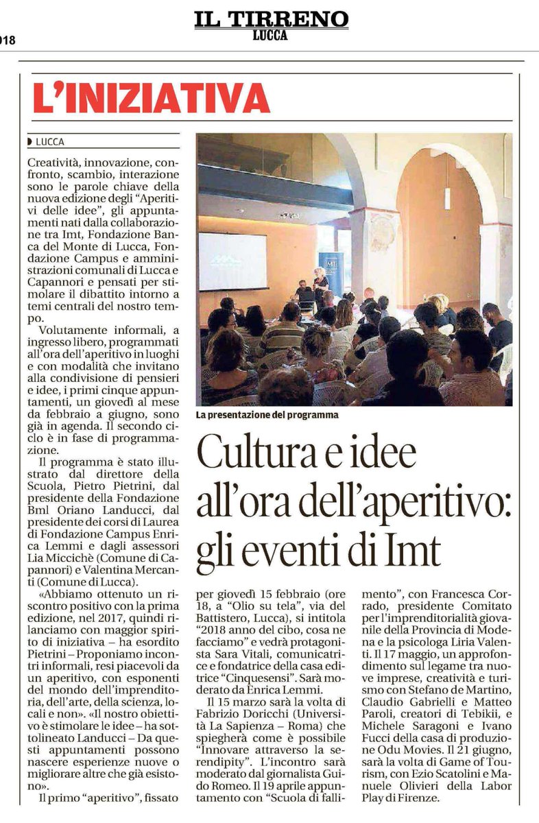 Nati dalla collaborazione tra #ScuolaIMTLucca @FondazioneBML  <a href="/FondazCampus/">Fondazione Campus</a> <a href="/comunedilucca/">Comune di Lucca</a> <a href="/ComuneCapannori/">Comune di Capannori</a> gli #aperitividelleidee nascono per stimolare il dibattito intorno a temi centrali del nostro tempo. Primo appuntamento giov 15 febb con Sara Vitali @Cinque_sensi #Lucca