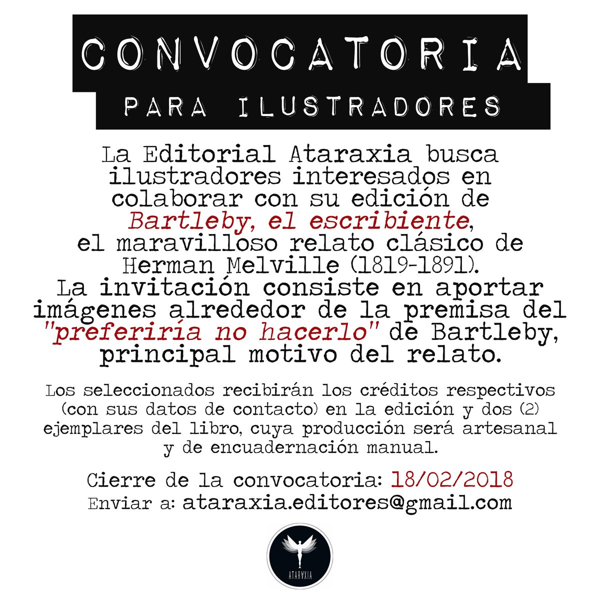 AtaraxiaEd's tweet photo. ¡ATENCIÓN, ILUSTRADORES!
#editorialataraxia #convocatoria #ediciónartesanal https://t.co/OSSEv4l7YX
