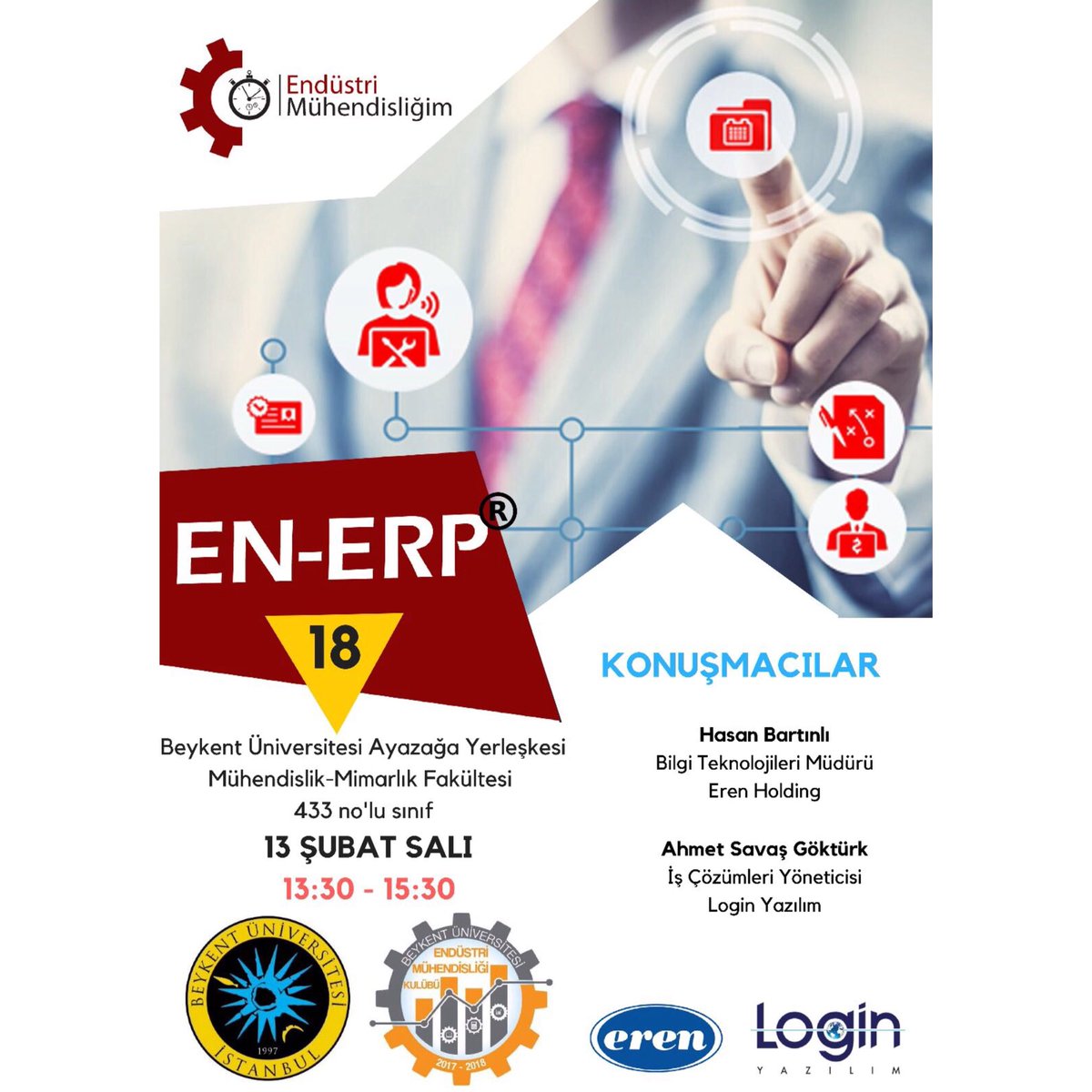 BeykentEMK's tweet photo. Endüstri Mühendisliği Kulübü olarak düzenlediğimiz EN-ERP etkinliğimiz 13 Şubat Salı tarihinde 433 nolu sınıfta gerçekleşecektir.
❗️ Kayıt için linkten başvuru formunu doldurmanız gerekmektedir!

https://t.co/97hs4yjVzi https://t.co/ZFA4XfoCBD