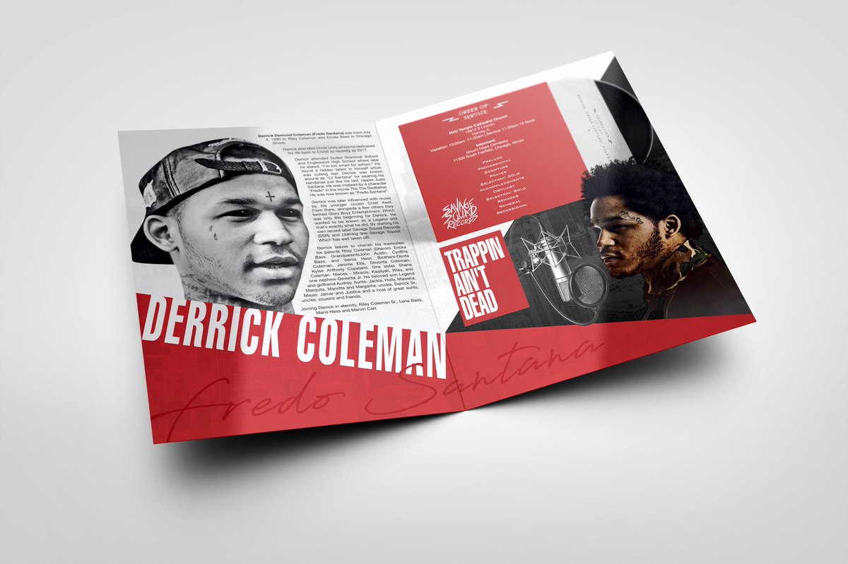 natewbartlett's tweet photo. I had the privilege of designing the rapper “Fredo Santana’s” funeral program this week. Condolences to the family and thank you for trusting us with his tribute. #fredosantana #gloinpeqce #funeralprograms #obituary #design #flobozdesign https://t.co/GTPjvmz0pb