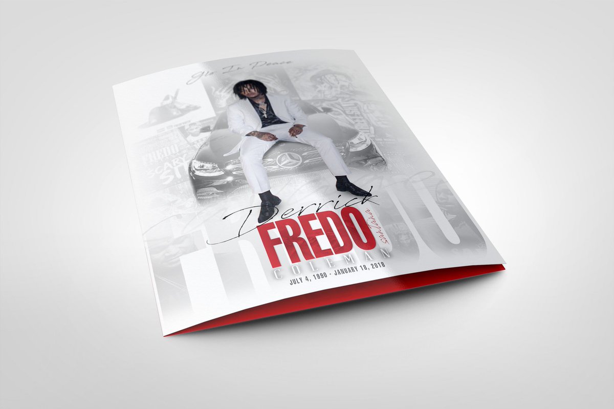 natewbartlett's tweet photo. I had the privilege of designing the rapper “Fredo Santana’s” funeral program this week. Condolences to the family and thank you for trusting us with his tribute. #fredosantana #gloinpeqce #funeralprograms #obituary #design #flobozdesign https://t.co/GTPjvmz0pb