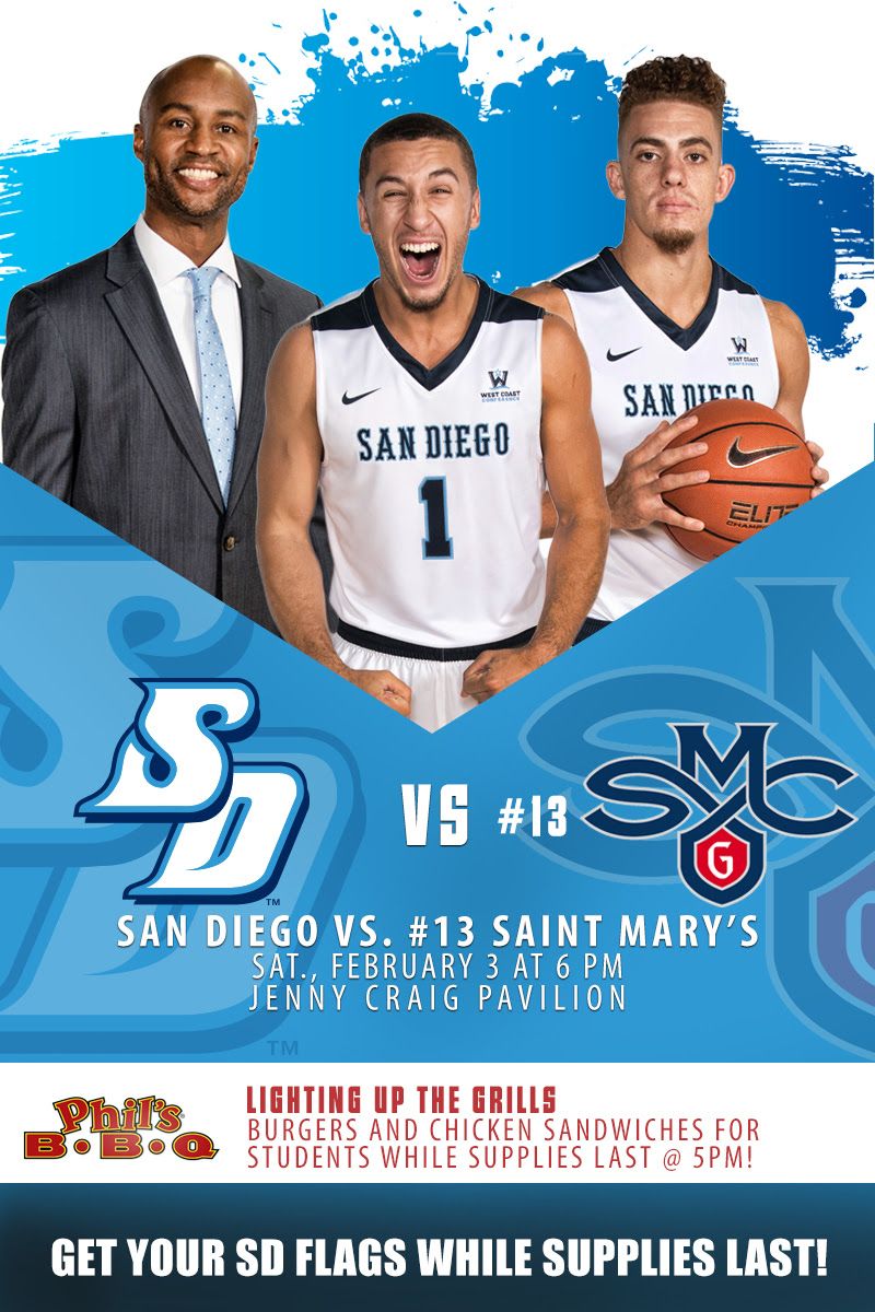 Join the <a href="/uofsandiego/">USD</a> community this evening at 6:00 p.m. in the JCP as <a href="/USDmbb/">San Diego Men's Basketball</a> takes on No. 13 Saint Mary's! <a href="/USDToreros/">San Diego Toreros</a> #GoToreros