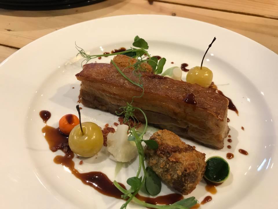 GrapevineTalkin's tweet photo. A couple of the dishes on our new menu - Maple glazed pork belly, Stornoway black pudding croquette, apple puree andnatural pan jus, and Goat's cheese croquettes rolled in puffed rice with salt-baked golden beets, red beet puree and pickled mushrooms https://t.co/dvLgjxe9Bl