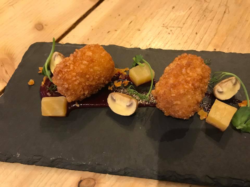 GrapevineTalkin's tweet photo. A couple of the dishes on our new menu - Maple glazed pork belly, Stornoway black pudding croquette, apple puree andnatural pan jus, and Goat's cheese croquettes rolled in puffed rice with salt-baked golden beets, red beet puree and pickled mushrooms https://t.co/dvLgjxe9Bl