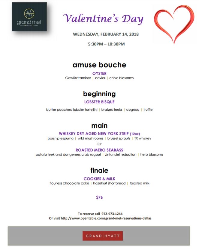 GrandHyattDFW's tweet image. Treat your sweetheart to #ValentinesDay Dinner at #GrandMet. This meal features four grand courses &amp;amp; is served from 5:30-10:30pm. We look forward to serving you! ❤ #dallasfoodies #dfwairport

*Ala carte menus and sushi will be available as well