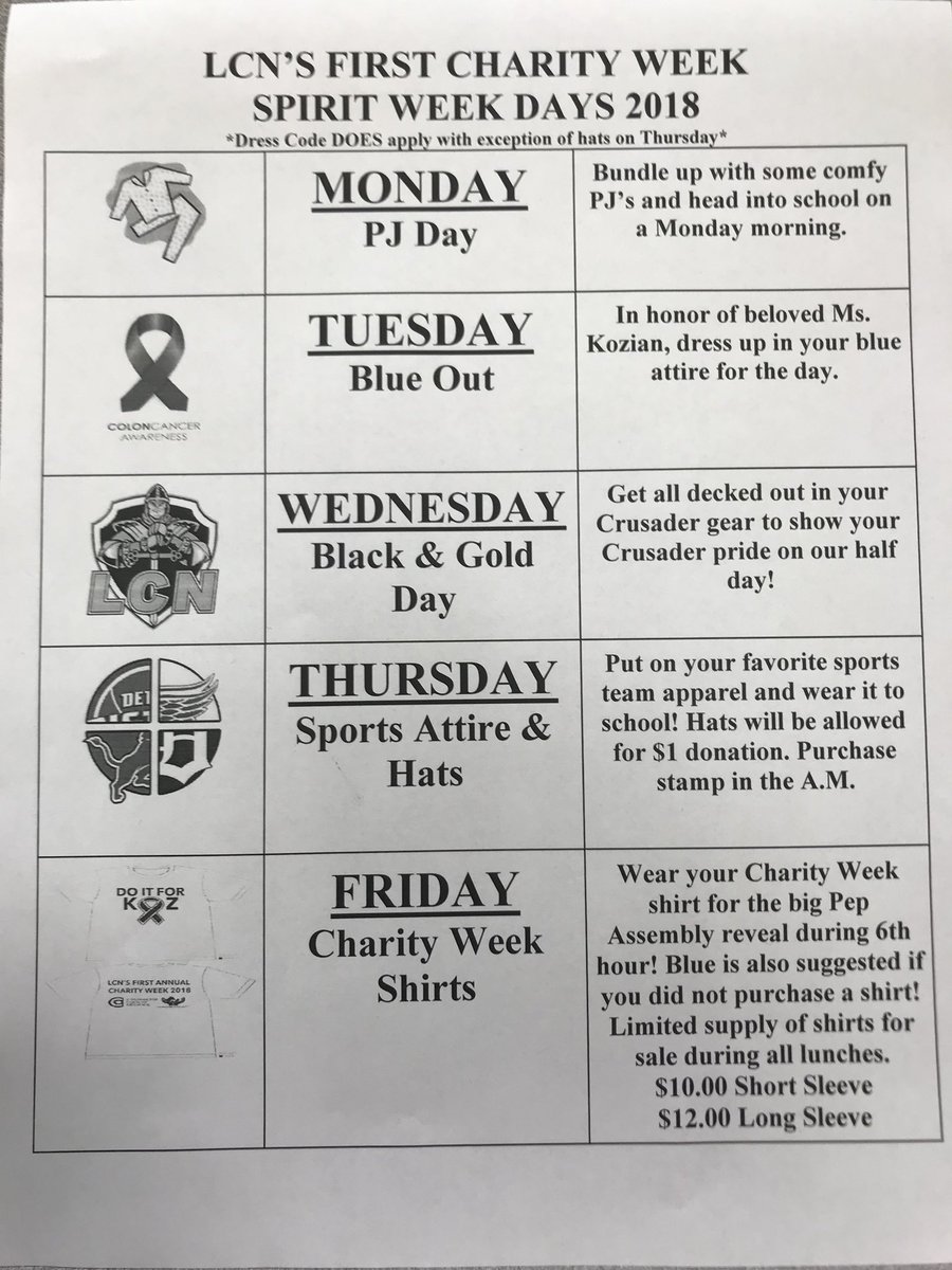 LCN_Classof2019's tweet photo. Don’t forget this week is sprit week!!! Go ALL OUT & particulate in Charity Week!! 💙 #DoitforKoz https://t.co/wbOYeKh8Hy