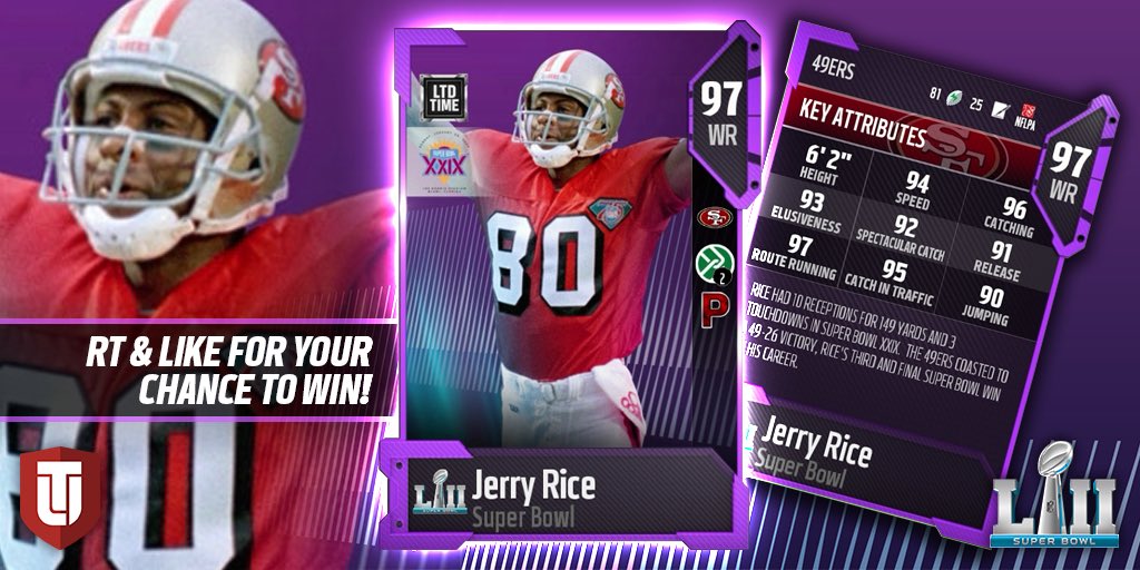 EASPORTS_MUT's tweet image. Super Bowl Moment: Rice had 10 receptions for 149 yards and 3 touchdowns in Super Bowl XXIX! The 49ers coasted to a 49-26 victory, Rice’s third and final Super Bowl of his career. #SBLII