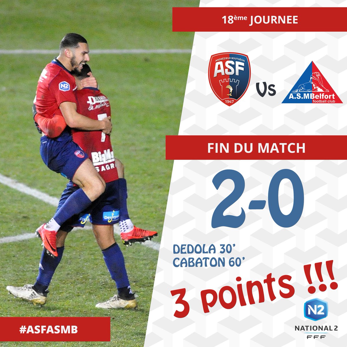 andrezieuxbthfc's tweet photo. #ASFASMB [2-0] Fin de cette rencontre, l'ASF reprend des couleurs avec cette belle victoire face à l'@ASM_Belfort. https://t.co/CTY3yihOHs