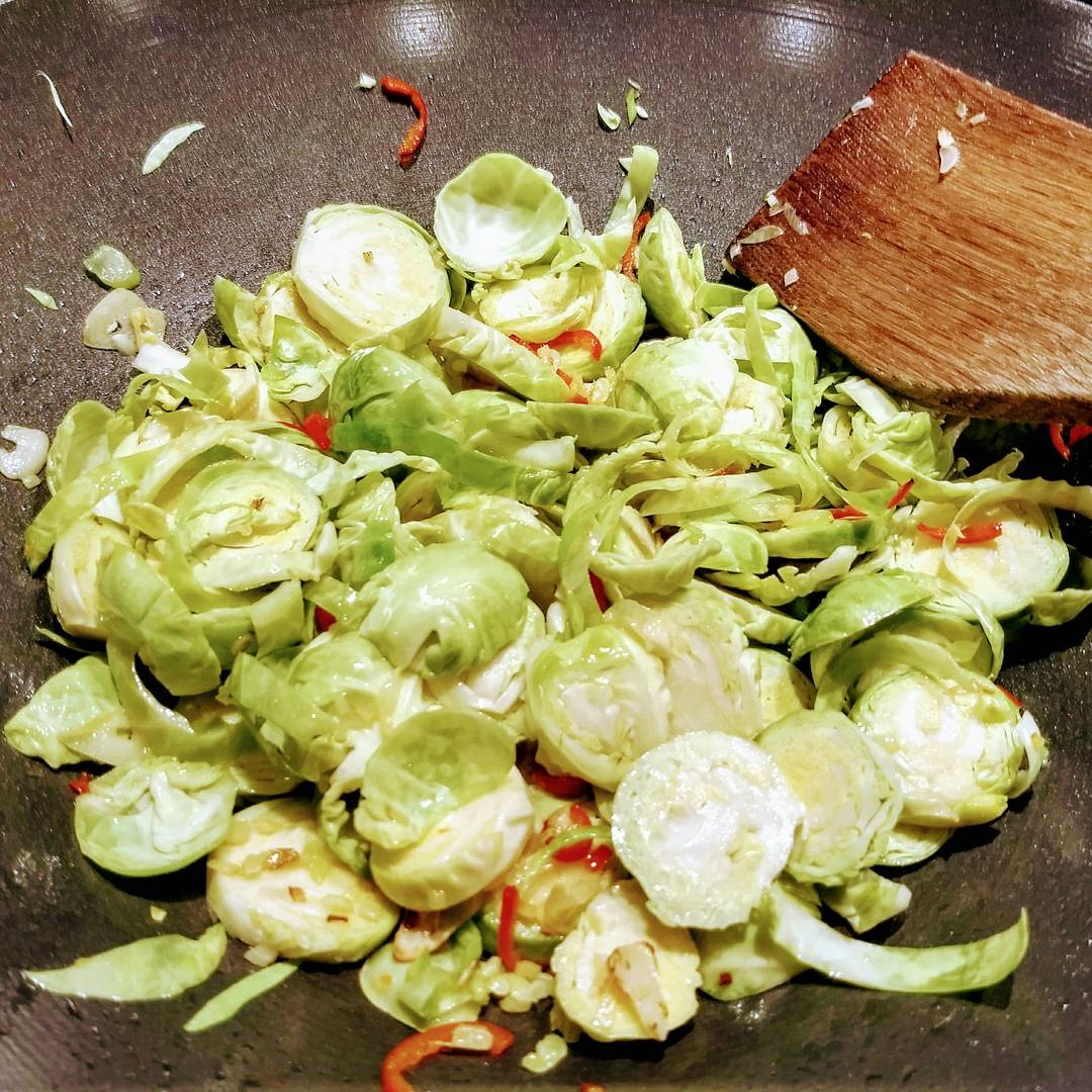 #saturdaysprouts has gone a bit more exotic than usual for these very British green bundles.  Sliced quite thinly then stir fried with chilli, garlic, ginger and spring onions.  Finished with a splash of soy and a shake of rice vinegar - gorgeous with duck.