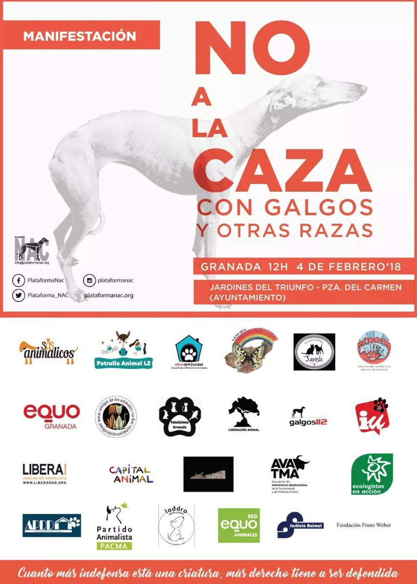 Mañana, a las 12 en Triunfo, ven a decir NO al uso de galgos y otras razas en la caza. Son maltratados, acribillados y usados como objetos de usar y tirar. Viven encerrados en jaulas, sin alimento y sólo se acuerdan de ellos en las temporadas de caza. SEAMOS RESPONSABLES