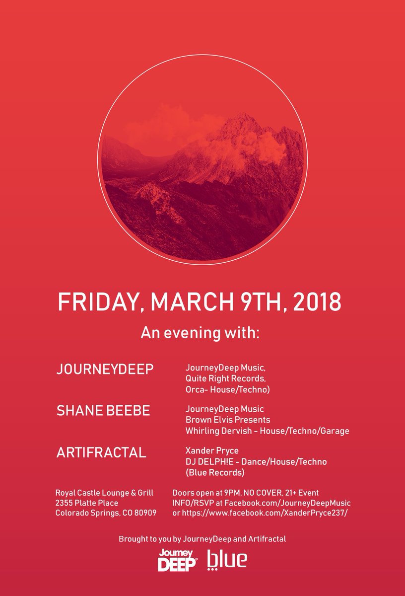 Join us March 9th, 2018 in Colorado Springs with Artifractal and Shane Beebe for a night of techno at the Royal Castle lounge!

#JourneyDeepMusic #BlueRecords #Artifractal