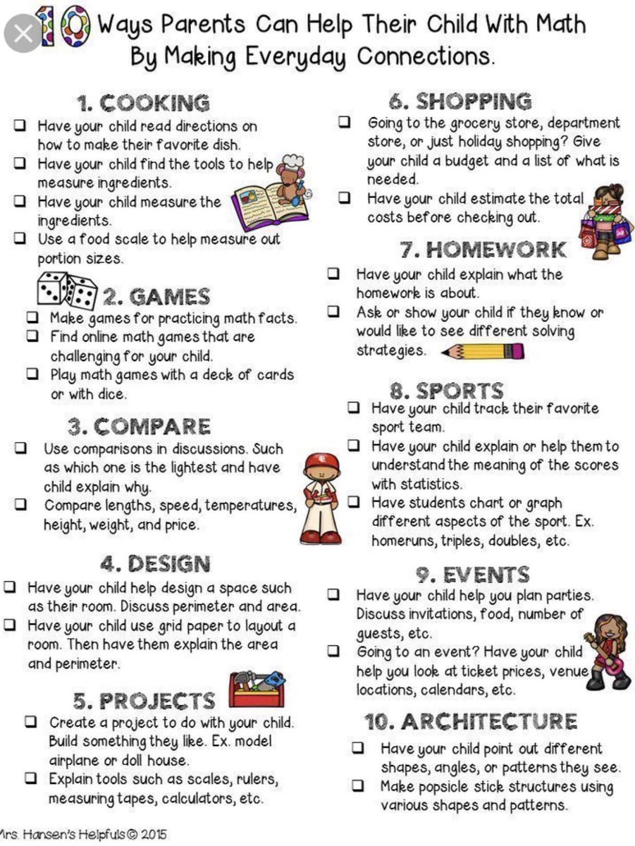 MKMooreCfisd's tweet photo. Looking for ways to help your child with math at home?? Start by making these everyday connections! #mathiseverywhere #mathchat @WarnerCFISD https://t.co/AvCIUXq67C