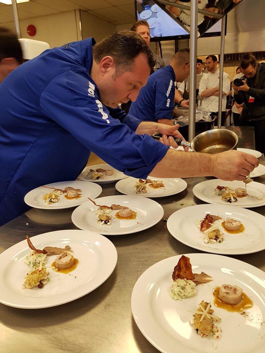 GKitchenParty's tweet photo. .@GonzalezEric’s declared dish: Roasted rabbit saddle, liver cream, apples, grape &amp; feta chutney, remoulade of kohlrabi, fried oyster [BLACK BOX]. #CCC2018 https://t.co/YB1ih2pWlD