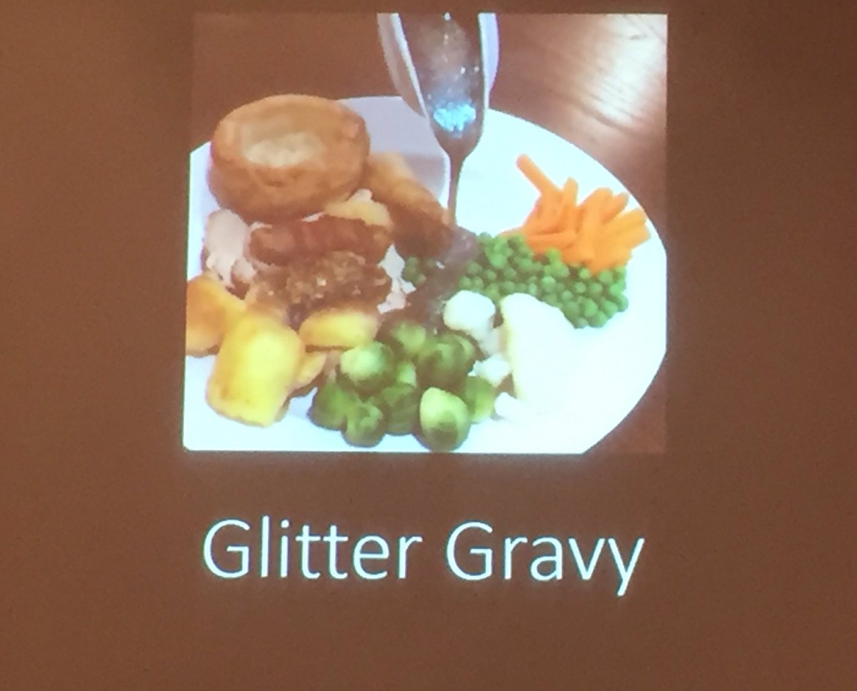 FDimanche's tweet photo. Instagram-able food! It's to be photographed, not to be eaten (it's not really good 😉) . Glitter gravy? Really? Well, it is only marketing (the bad side of marketing?) #RHTC2018 @HTMRyerson https://t.co/7XGYk16UYq