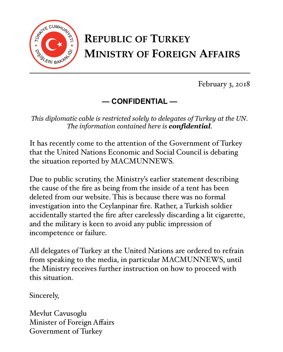 MACMUNNEWS's tweet photo. BREAKING NEWS: We have obtained an EXCLUSIVE LEAK of a DIPLOMATIC CABLE from the Turkish foreign ministry commenting on the #EcosocCrisis: “there was no formal investigation ... a Turkish soldier accidentally started the fire after carelessly discarding a lit cigarette” https://t.co/Pq7qlYXz4z