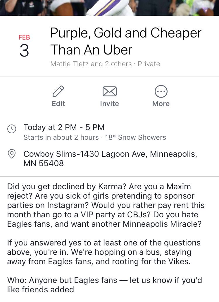 mattie_tweetz's tweet photo. Hey, @stoolpresidente @KFCBarstool @PatMcAfeeShow @BarstoolBigCat @PFTCommenter @barstoolsports, we have a party bus loaded with petty ass MN Vikings fans taking off at 2:00pm and ravaging the cities. Please join, stay away from Eagles fans, and we’ll show you the Minnesota way. https://t.co/YplGoObDEb