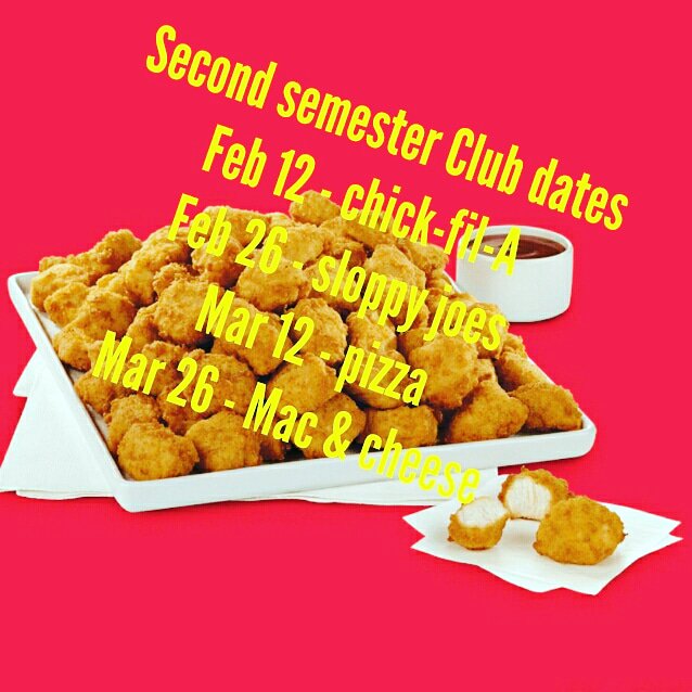 AHSTrojanYL's tweet photo. AHS club starting again in a week. This semester we are doing food themes! Come hang out and have Chick-fil-A with us on the twelfth!!! #ahs_trojan_yl #ahs_trojans #chickfila #foodfordays #bestnightoftheweek https://t.co/4e9OIUlhDA