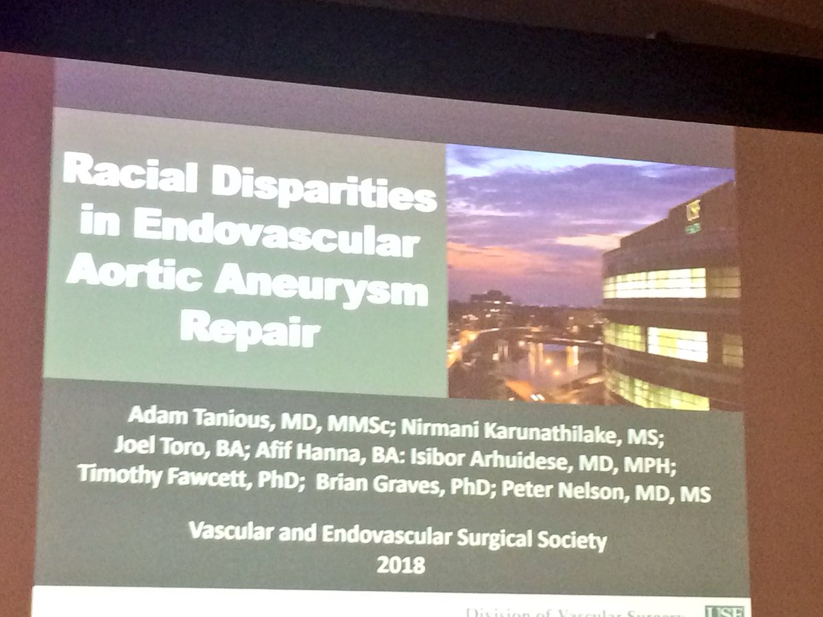 ColemanDM_vasc's tweet photo. Important work required to mitigate racial #disparities associated with #EVAR. Adam Tanious and team suggest African Americans present younger, more often women and may suffer increased in-hospital mortality/x-fer to secondary hospital and LOS based on statewide data. #VESS2018 https://t.co/YyiQcgOWBZ