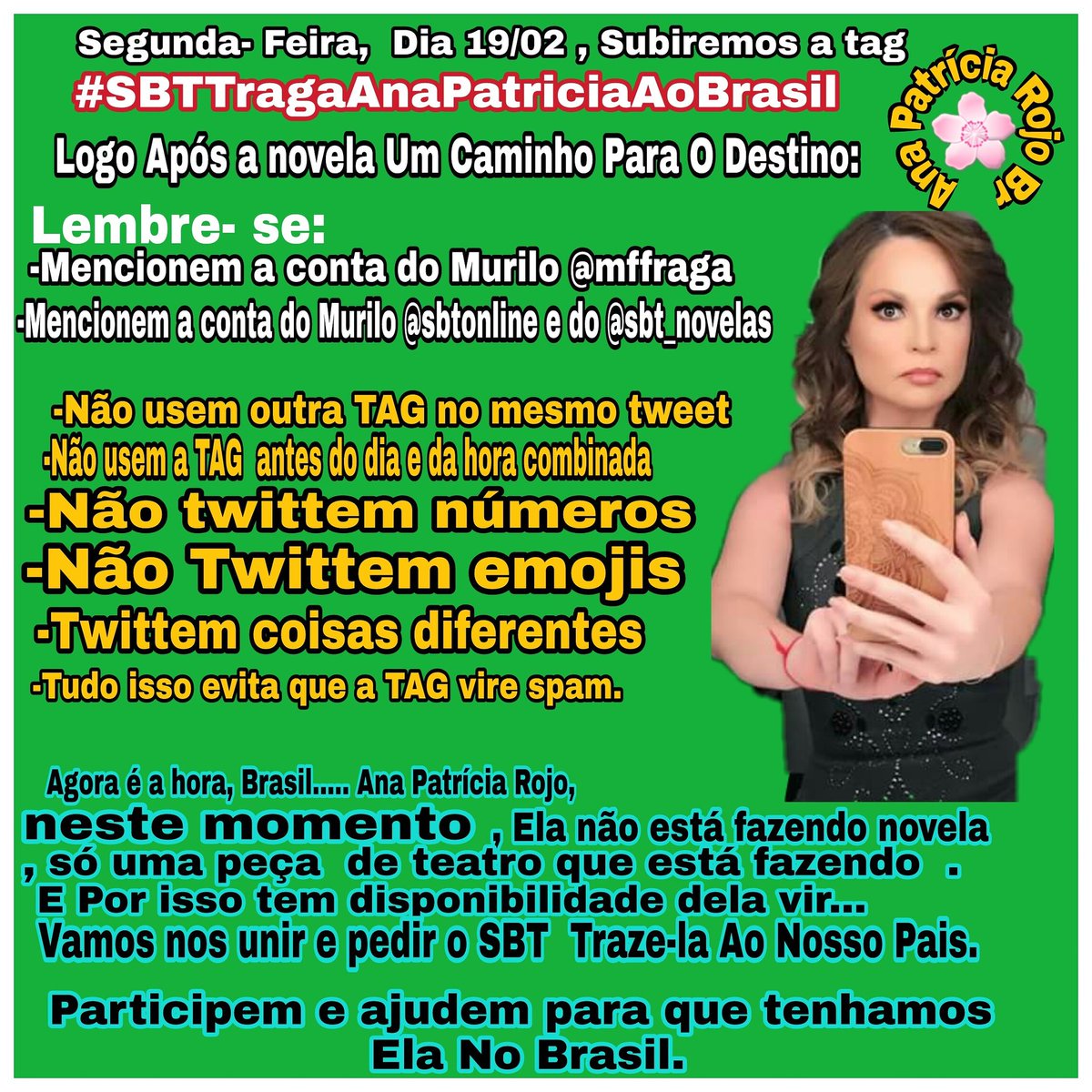 Gus_Novelas's tweet photo. SEGUNDA FEIRA, dia 19/02, tem tag para trazer @ANAPATRICIAROJO ao 🇧🇷, logo após #UmCaminhoParaODestino116! São essas regras, para evitar que a tag vire spam; https://t.co/UIu3xT9C1m