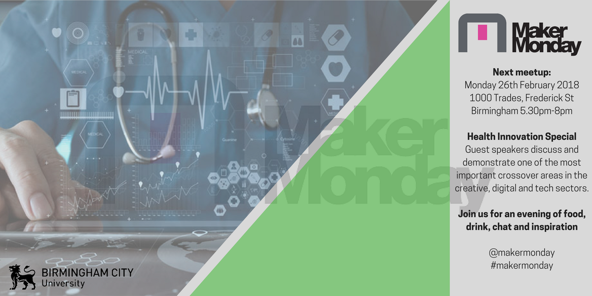 Maker_Monday's tweet photo. We're back. Book your free place now for the February edition of @Maker_Monday, a Health Innovation special on February 26th 2018. @1000TradesJQ  @BCUHealth 

#makermonday #jq #birmingham #brumhour 

https://t.co/zqwMOcTYEs https://t.co/r34iGg2Caq