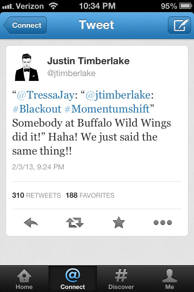 TressaJay's tweet photo. @jtimberlake Alright now! Tell everybody at Buffalo Wild Wings not to mess with any switches tomorrow! Hahaaa! https://t.co/SA8kkMHSGI