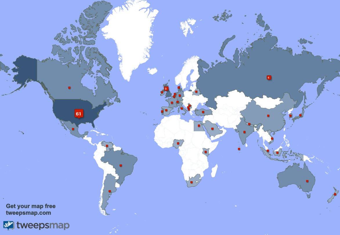 My followers live in 39 countries: USA(60%), UK.(9%)... tweepsmap.com/!Spartan4177 Get your free map!