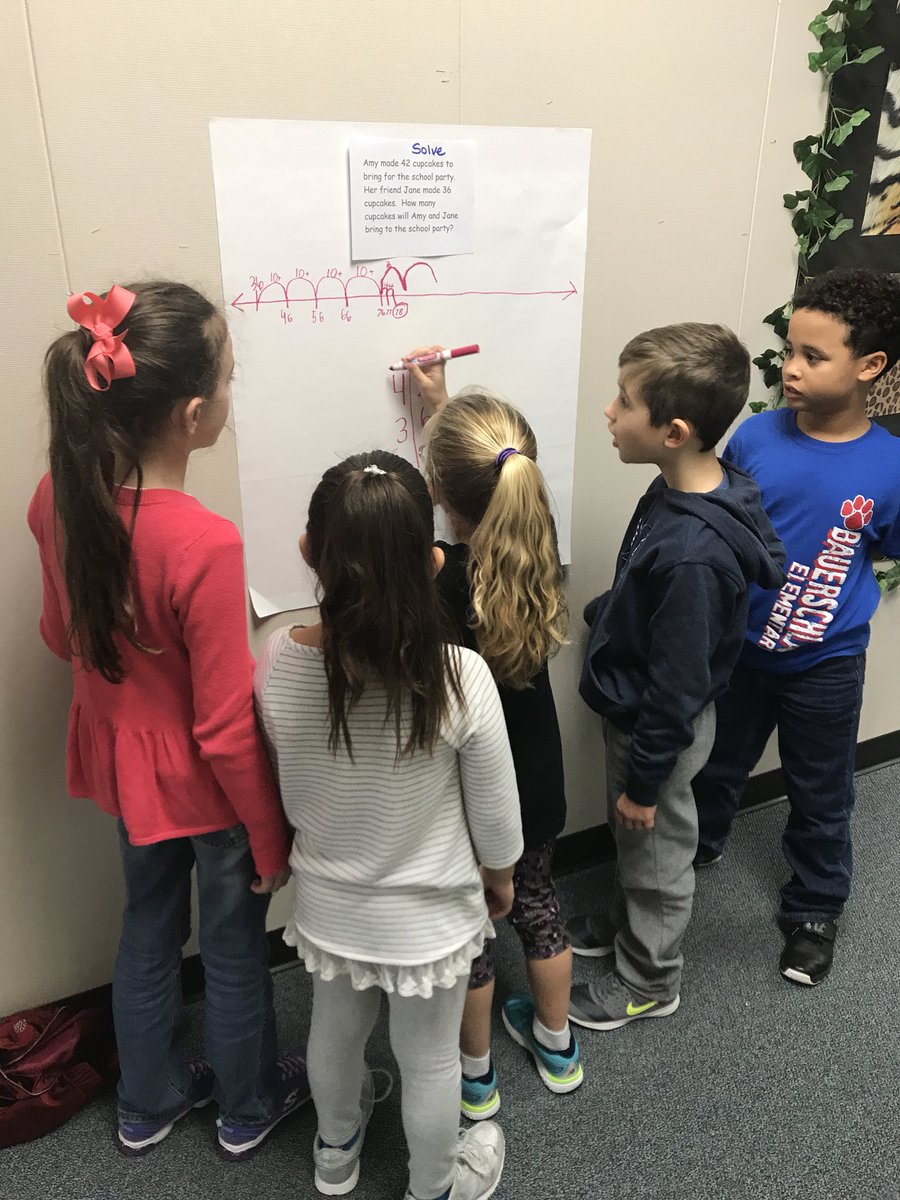 Eggers2ndgrade's tweet photo. Students representing and solving in a gallery walk with 2 digit addition and subtraction word problems.  Discussing strategies!  @BauerschlagBest https://t.co/jJ9rT4NSLF