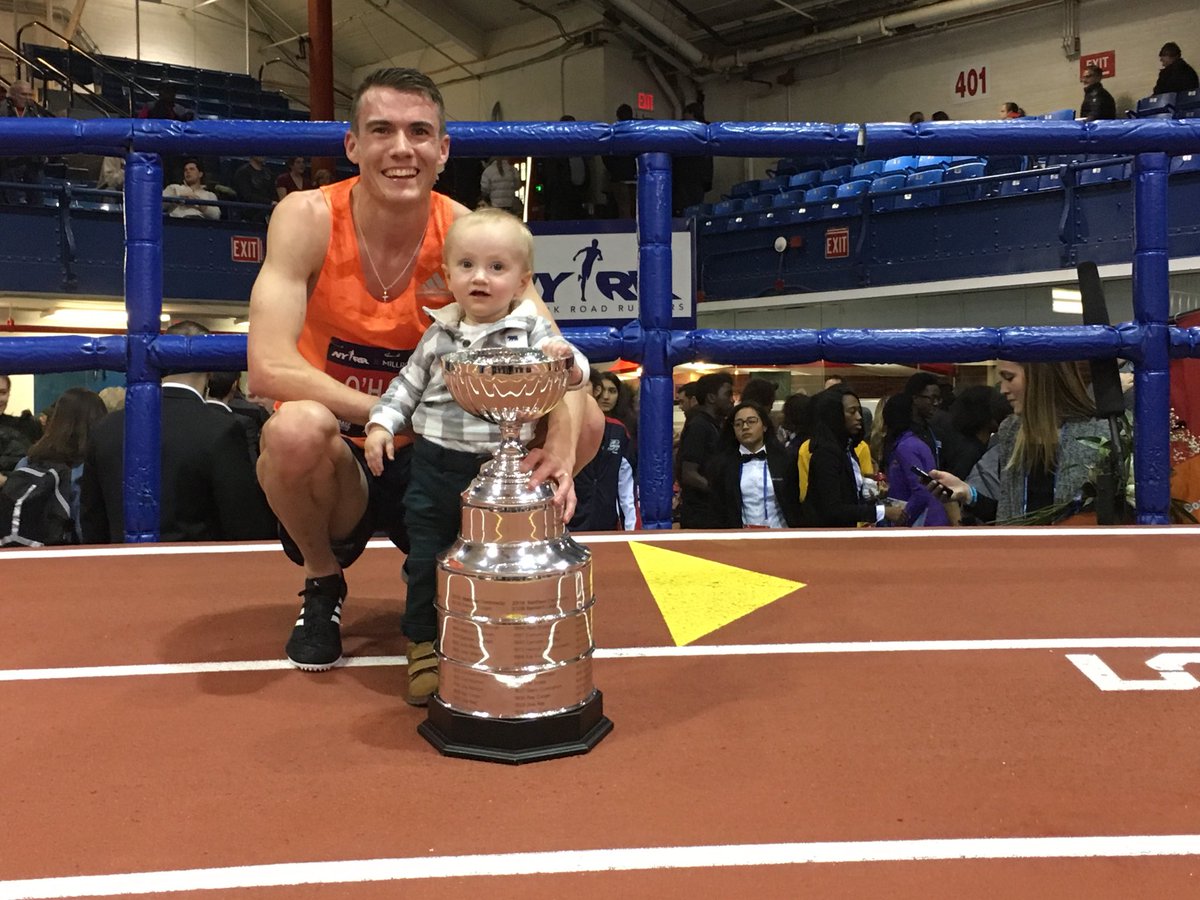 .@chrisohare1500 with son Ronan after winning #NYRRMillroseGames #WanamakerMile. @nyrr @ArmoryNYC