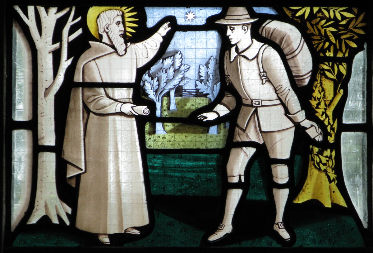 Charming detail of the graphic #stainedglass style of #HarryStammers (1953) illustrating Pilgrim's Progress in St Matthew's, Buckley, Flintshire, demonstrating his clever use of white-ish tints to highlight the figures and their action @C20Society
