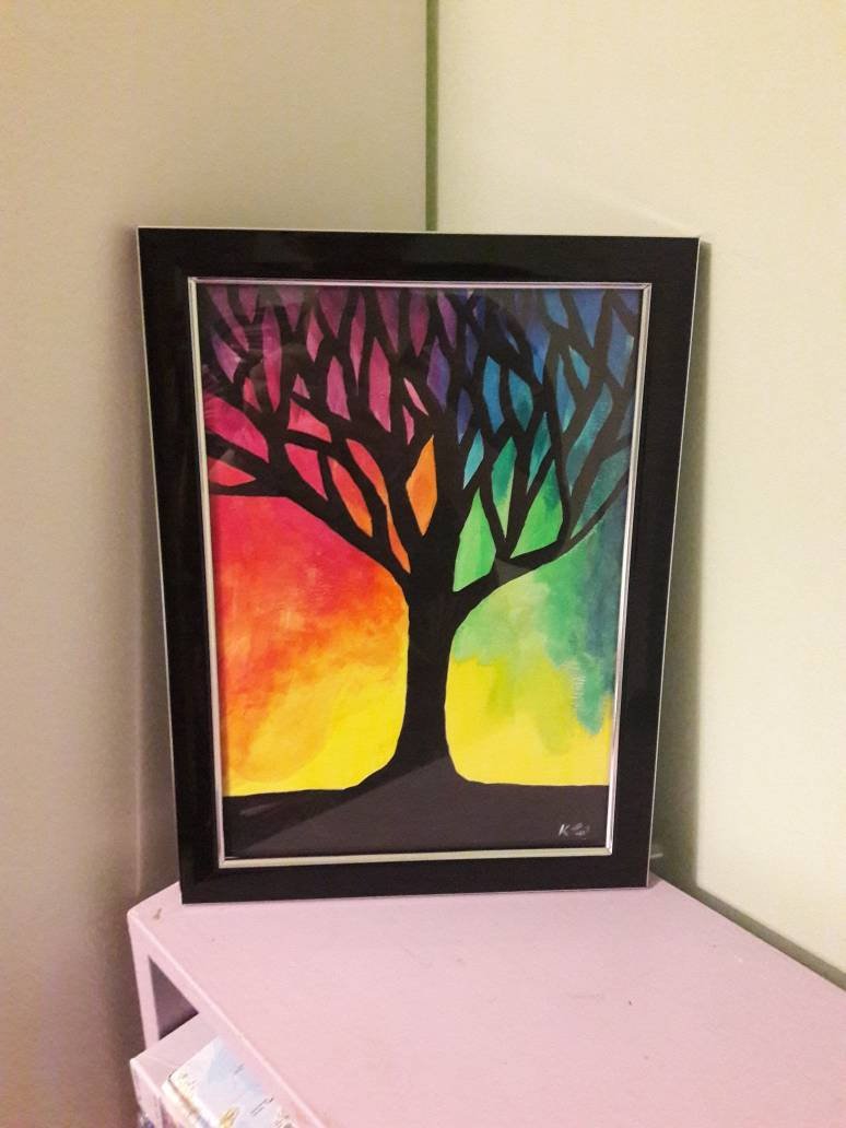 New in my #etsy shop! Rainbow tree silhouette original A4 acrylic painting - wall art etsy.me/2EBUMEy #homedecor #colourfulartwork #bedroomart #rainbowart