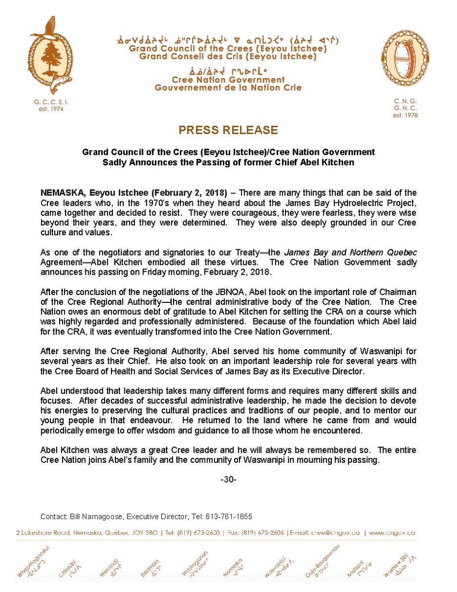 It is with great sadness that we announce the passing of signatory to the JBNQA and former Chief, Abel Kitchen. 

Abel Kitchen was always a great Cree leader and will always be remembered so.  The entire Cree Nation joins Abel’s family and Waswanipi in mourning his passing.