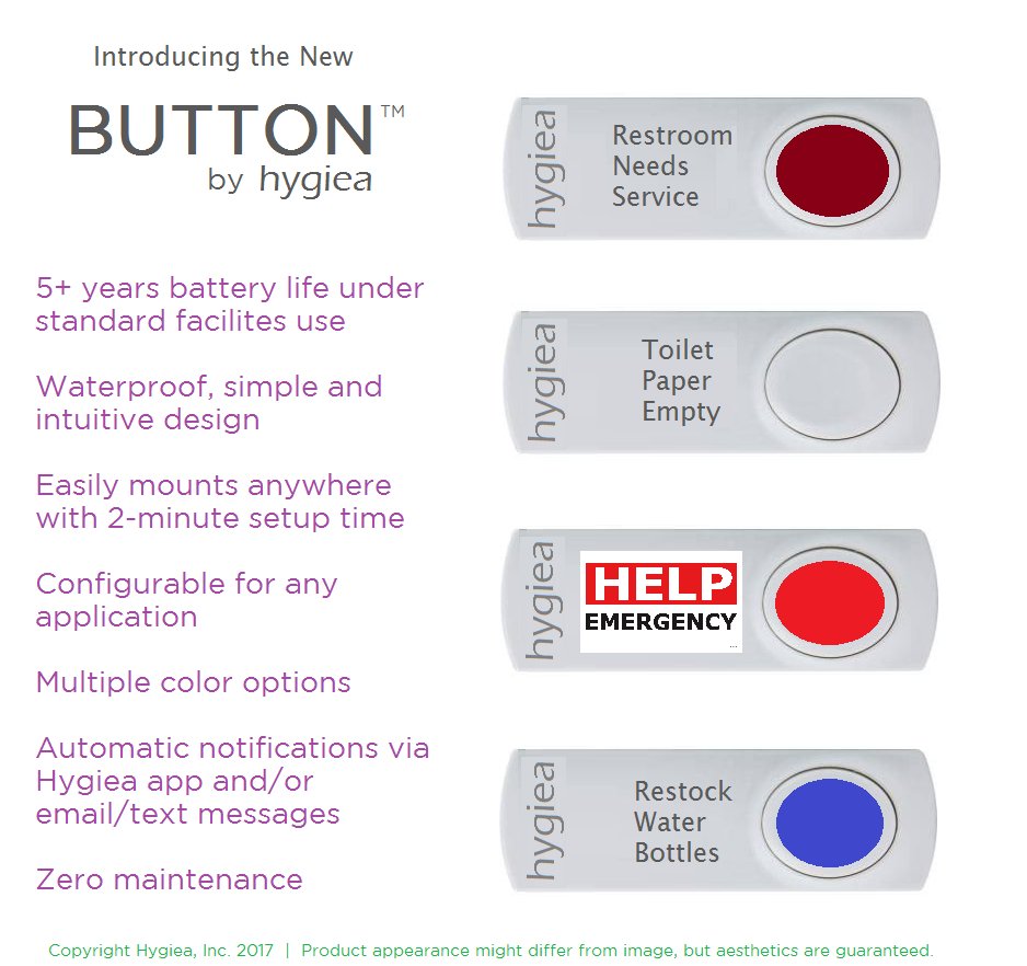 Official unveiling of the #BUTTON by #Hygiea at the #ASUio. The BUTTON is used in Facilities as a calling tool. Like in a restroom when it needs service, napkins or an emergency. Our customers love these applications and are excited about it! <a href="/asunews/">ASU News</a> #innovation <a href="/EntrepreneurASU/">Edson Entrepreneurship + Innovation Institute</a>
