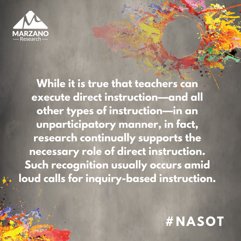 MarzanoResource's tweet photo. In some circles, direct instruction has a tarnished reputation. It is commonly associated with didactic, lecture-oriented presentations during which students are passive consumers of information. Read #teaching tips: https://t.co/NaGdABcmOT #NASOT https://t.co/GKrIoPqQQg