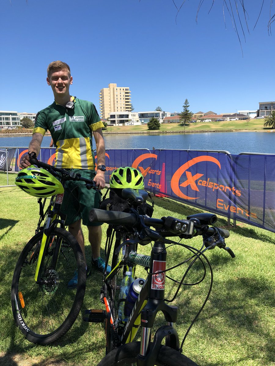 StJohn_SA's tweet photo. Our cycle response teams and healthcare professionals are supporting day 2 of the #Glenelg triathlon. Another warm day, don’t forget to stay hydrated and seek shade #Adelaide #StJohnSA https://t.co/S1zCWM4bFO