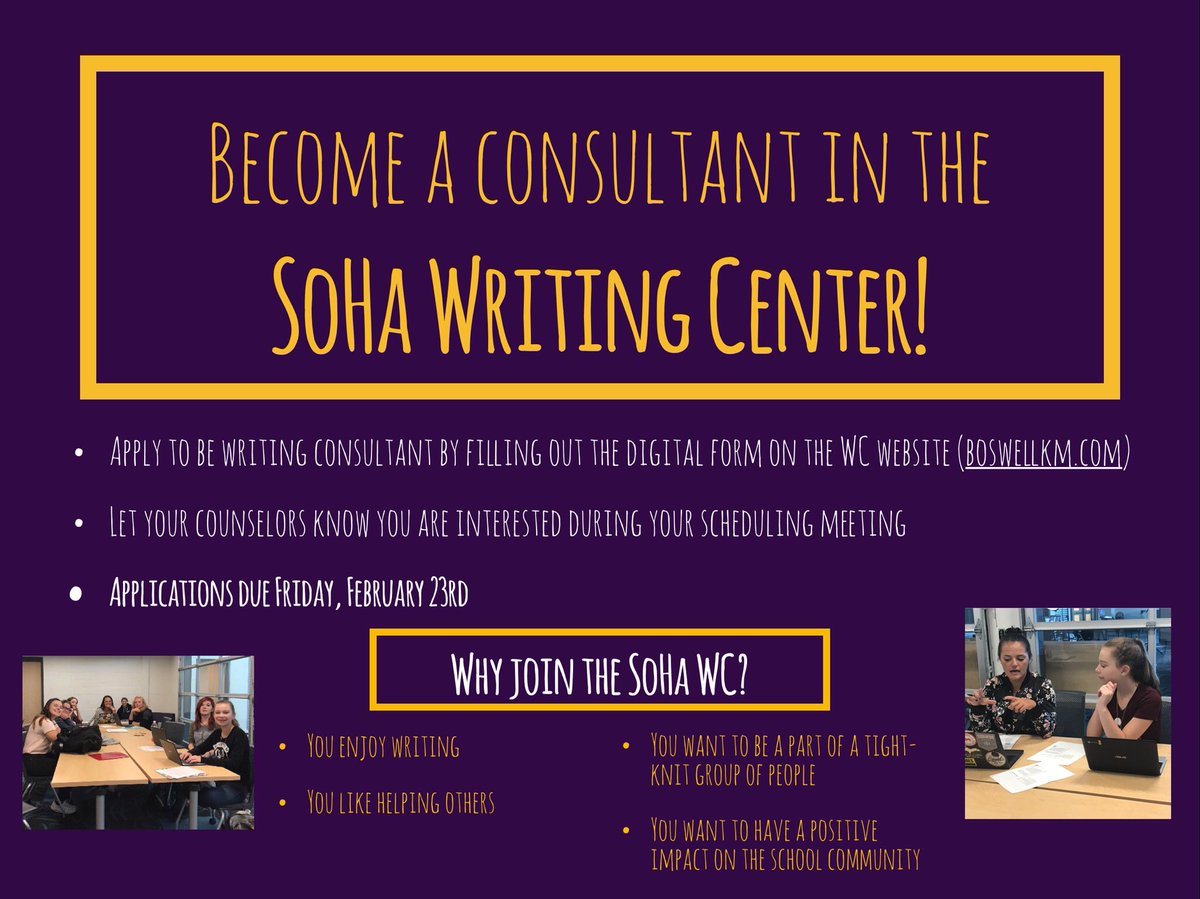 SoHaWC's tweet photo. Consider joining the WC family! Spread the word- applications are due February 23rd! Check out the website for more details and for the digital application! @boskm @shpsrams @j_sards58_6 @chessking500 @herrera_aol #shpsrams #wcchat #writingcenters https://t.co/uzwqDhYoWj