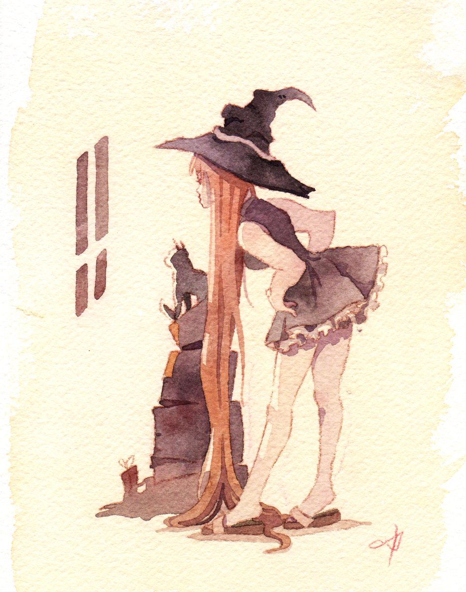 Yu 満月 今日だっけ 女の子 水彩 插畫 魔女 イラスト Illustration Watercolor Girl Witch