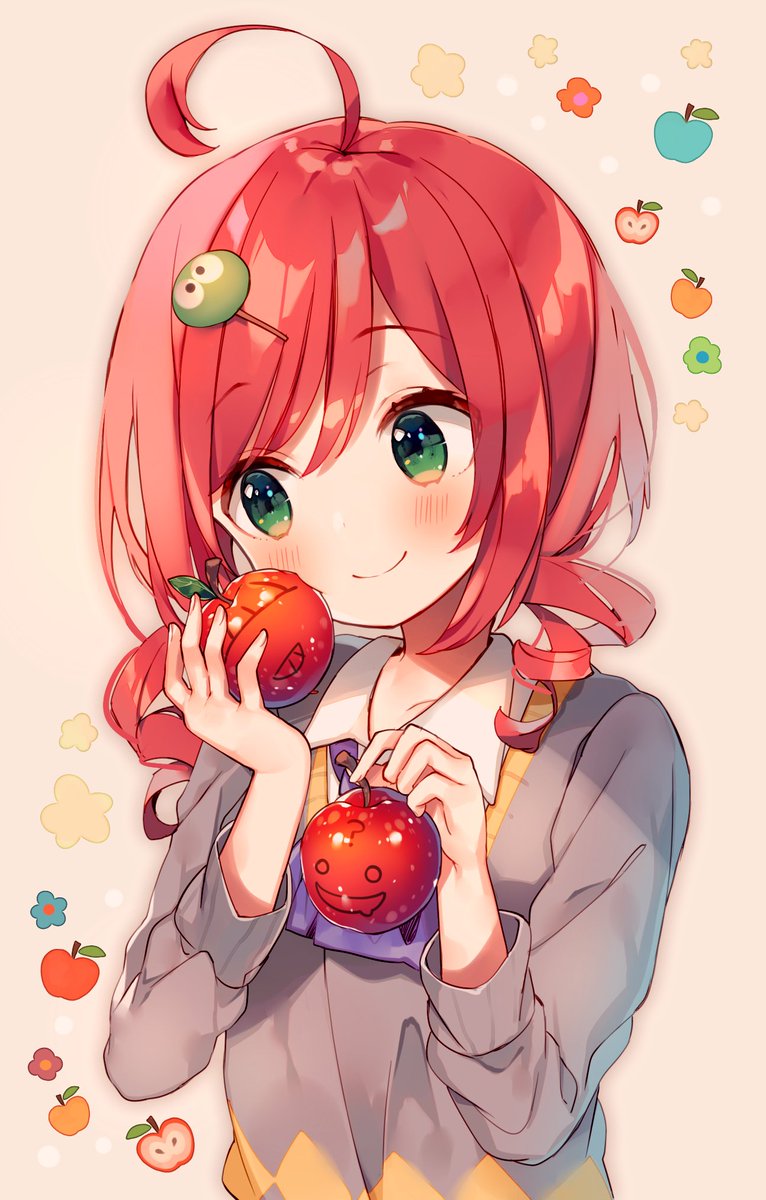 1girl solo apple fruit ahoge hair ornament smile  illustration images