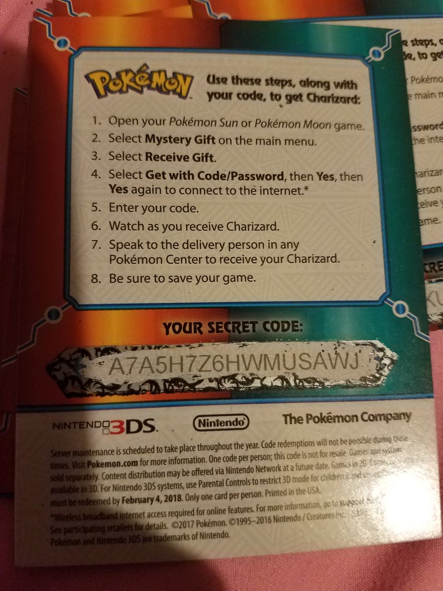 nysaurus's tweet photo. ROUND 3 OF FREE CHARIZARD CODES.
Only for pokemon sun and moon.
THIS IS THE FINAL ROUND.
If you miss it, i'm sorry. There's no more codes.
Must redeem by 4 FEB 2018 (US).
Pic 2 and 3 are close ups. Instructions on pic 4.
#pokemon #targetcharizard #pokemonsunmoon https://t.co/ovMhueppdR