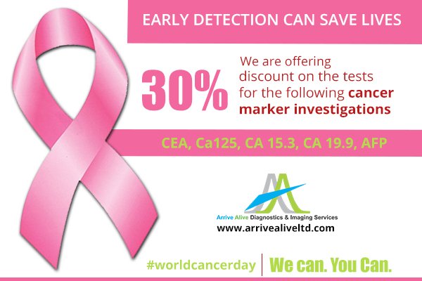 arrivealivedis's tweet photo. Early detection can save lives. Join us this February @arrivealivedis to create the necessary awareness to eradicate cancer. We are offering 30% discount on the tests for the following cancer markers CEA, Ca125, CA 15.3, CA 19.9, AFP #WorldCancerDay2018 We can. You Can. #AAIDS https://t.co/N4NonZrnWX